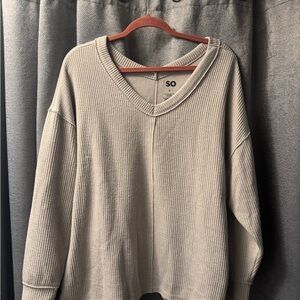SO Ribbed Oversized V-Neck Long Sleeve Top Beige Neutral Size Large